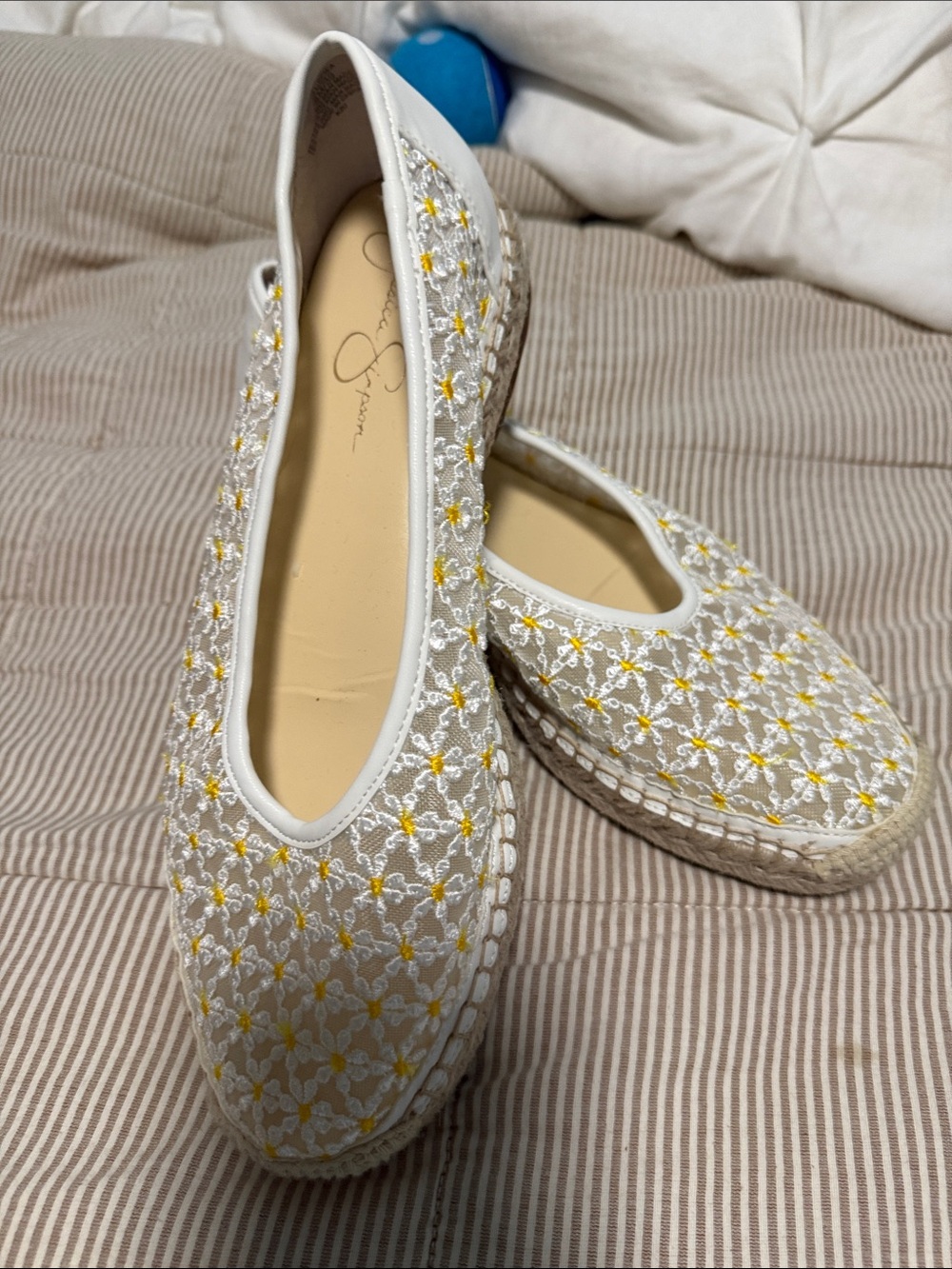 Jessica Simpson White Espadrille Flats with Yellow Floral Embroidery